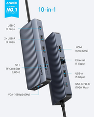 Anker USB-C Hub (10-in-1, Dual display) Gray