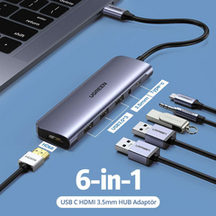 UGREEN CM136 USB-C to 3×USB-A 3.0+HDMI+AUX 3.5mm (2-in-1)+USB-C PD Multifunction Adapter