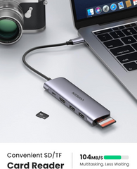 UGREEN CM195 USB-C to 2 Ports USB3.0-A Hub + HDMI + TF/SD with PD Power Supply (Space Gray)