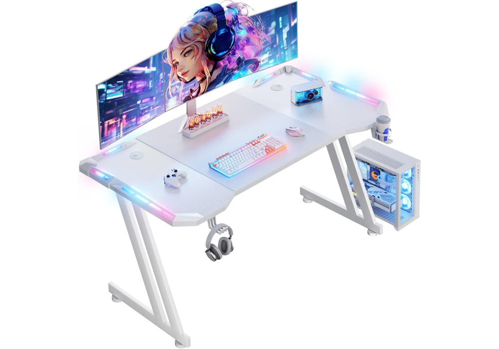 HLONONE Gaming Table - 120 x 60 cm Carbon Fiber Desk, RGB LED Lighting, Headphone Hook, Cup Holder, Cable Management, Ergonomic ZZ Frame Design, White