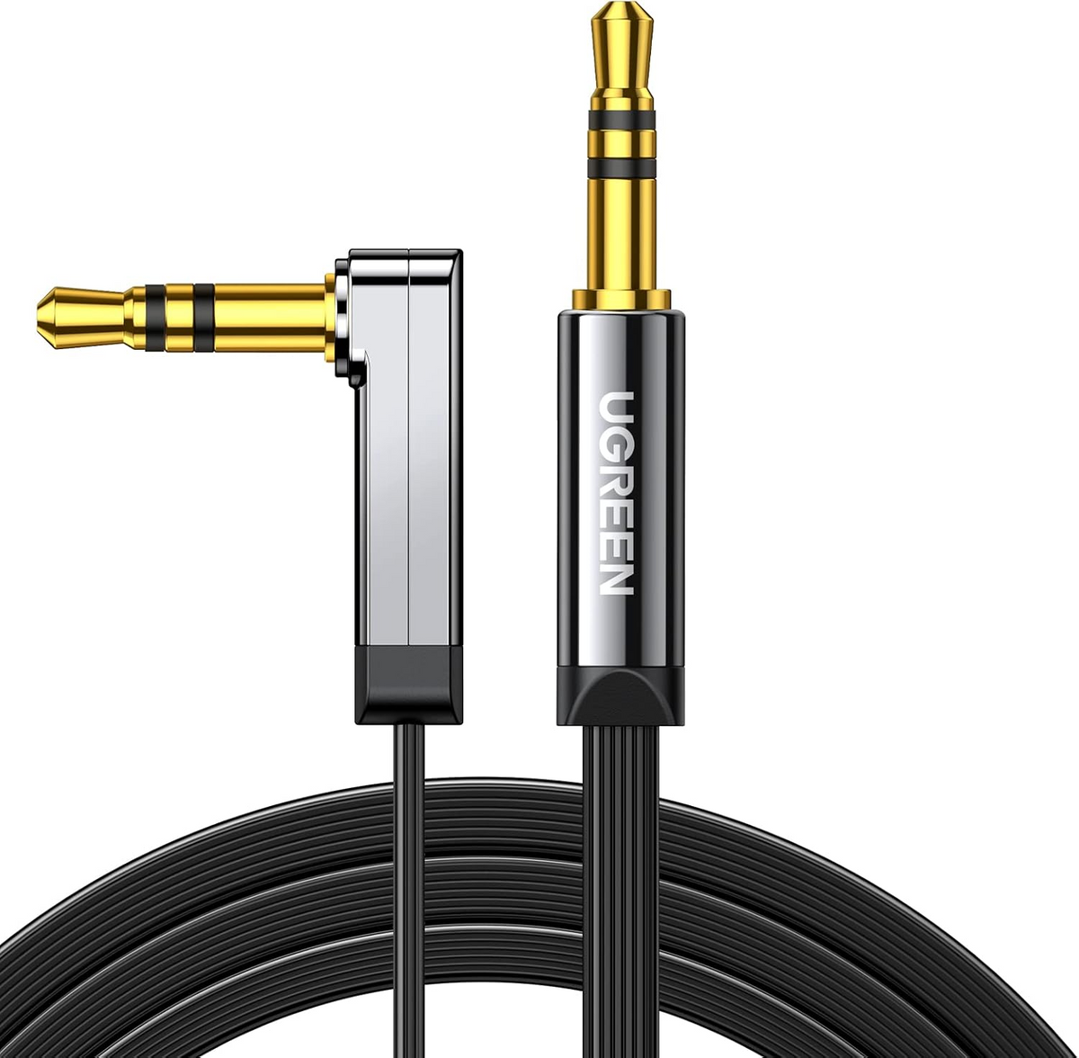 UGREEN AV119 3.5mm Male to 3.5mm Male Straight to angle flat Cable (Black) - 2m