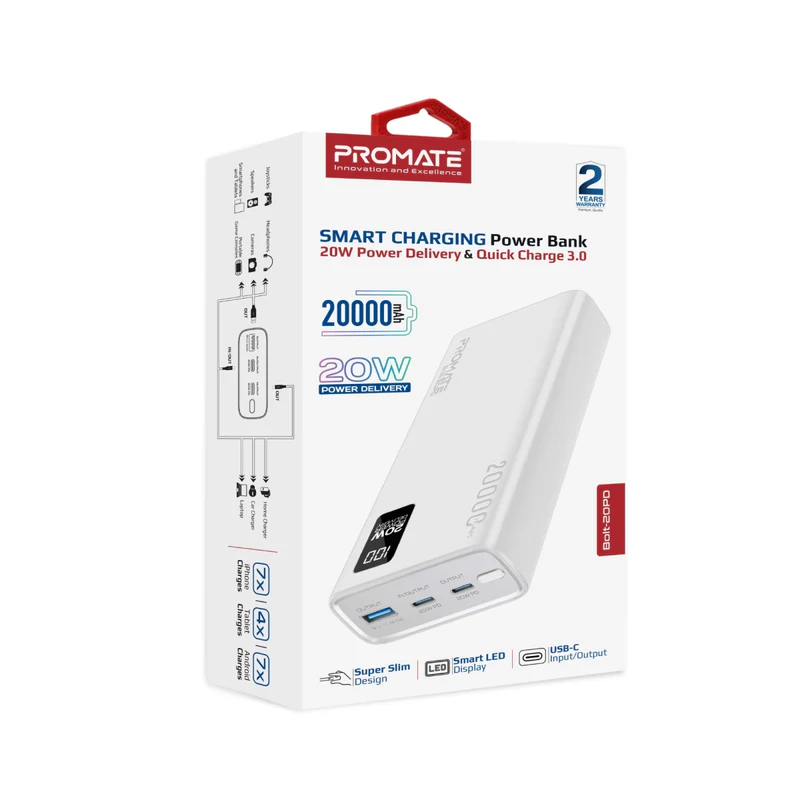 PROMATE POWER BANK BOLT-20PD-20W-20K mah - White (Bolt-20PD)