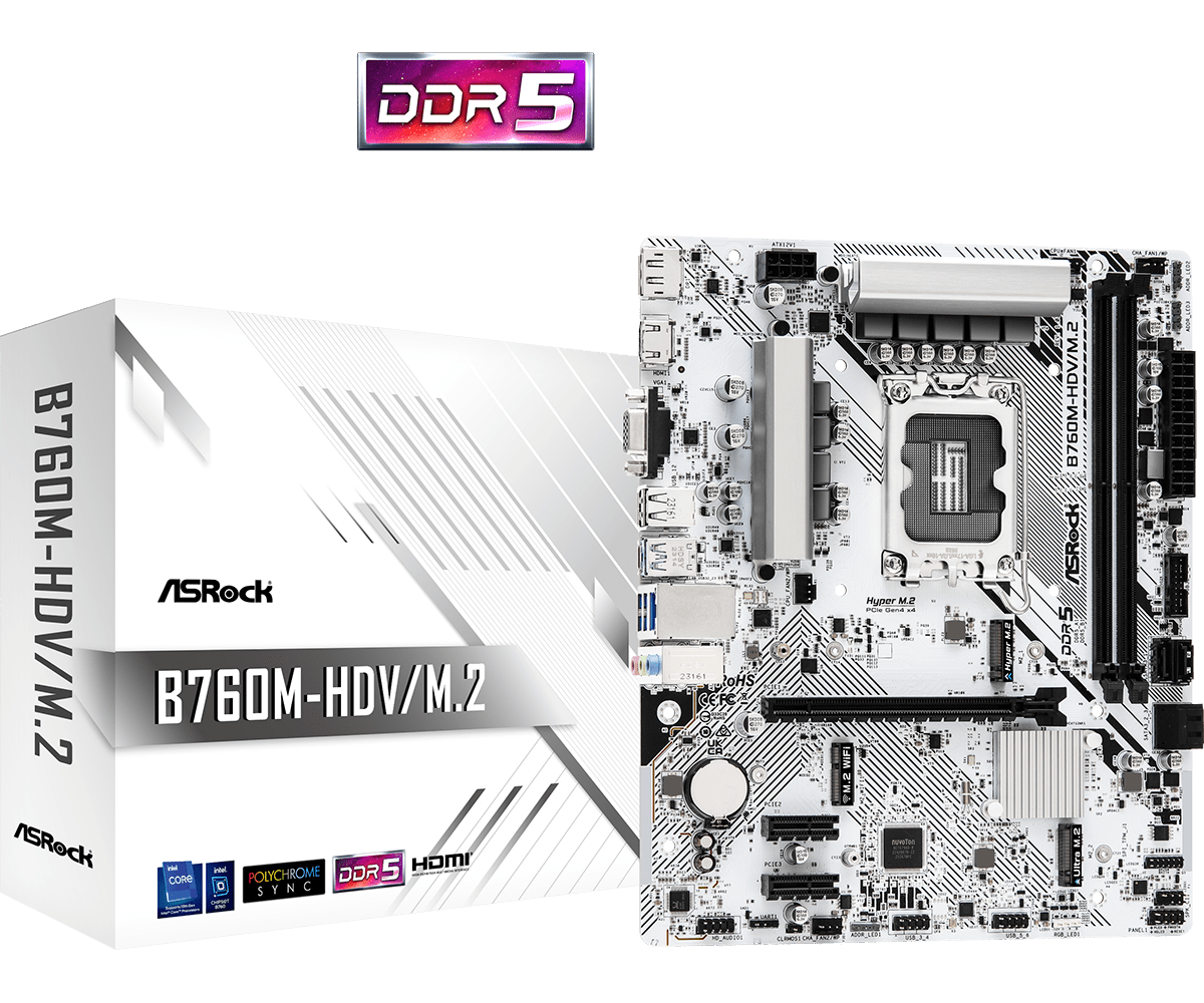 Asrock B760M-HDV/M.2 DDR5 Micro-ATX LGA 1700 DDR5 Motherboard - White