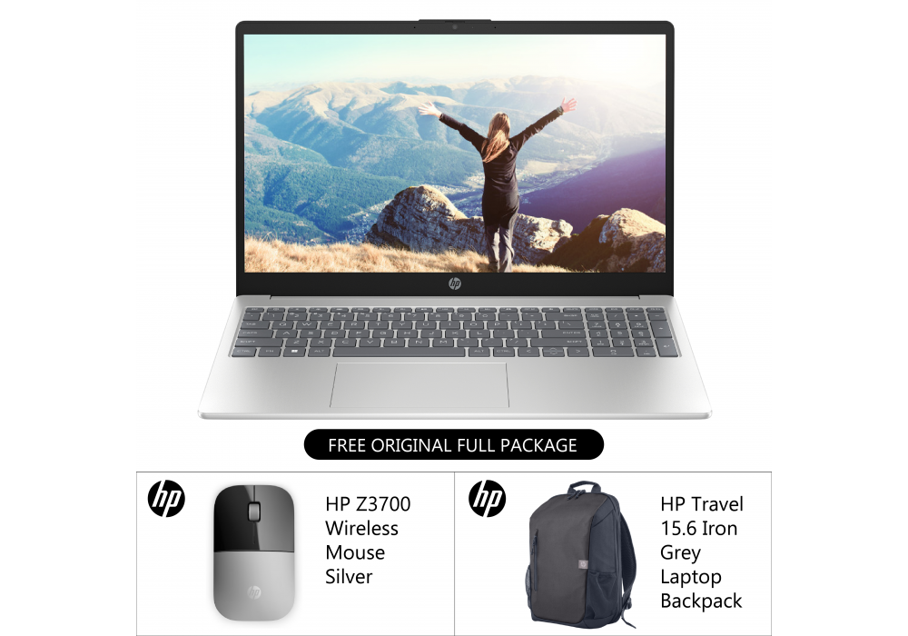 HP Laptop 15-fd0240ne 13th Gen Intel® Core™ i7-1355U 5.0 GHz 10-Cores, Intel Iris Xe, 16 GB DDR4 (Customized), 15.6" FHD Micro Edge with Original Full-Package - Natural Silver