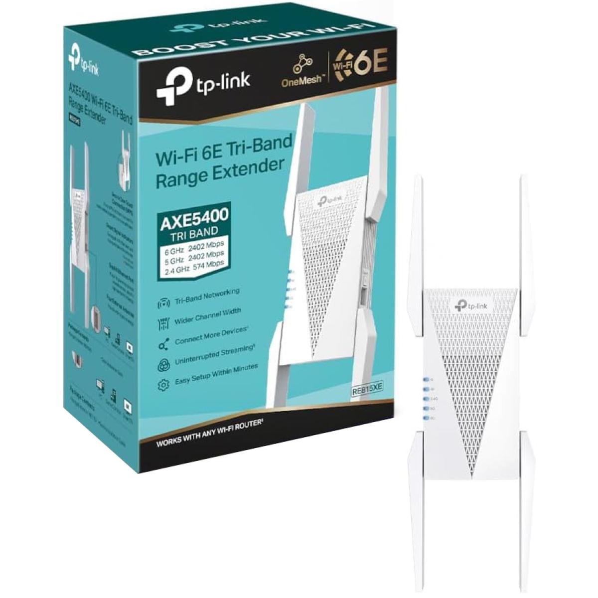 Tp Link Re815xe Axe5400mbps Tri Band Mesh Wifi 6e Internet Booster, Range Extender Booster Hotspot With 1 Gigabit Port, 160 Mhz Channels, Built In Access Point Mode, Smart Roaming One Mesh, Easy Setup