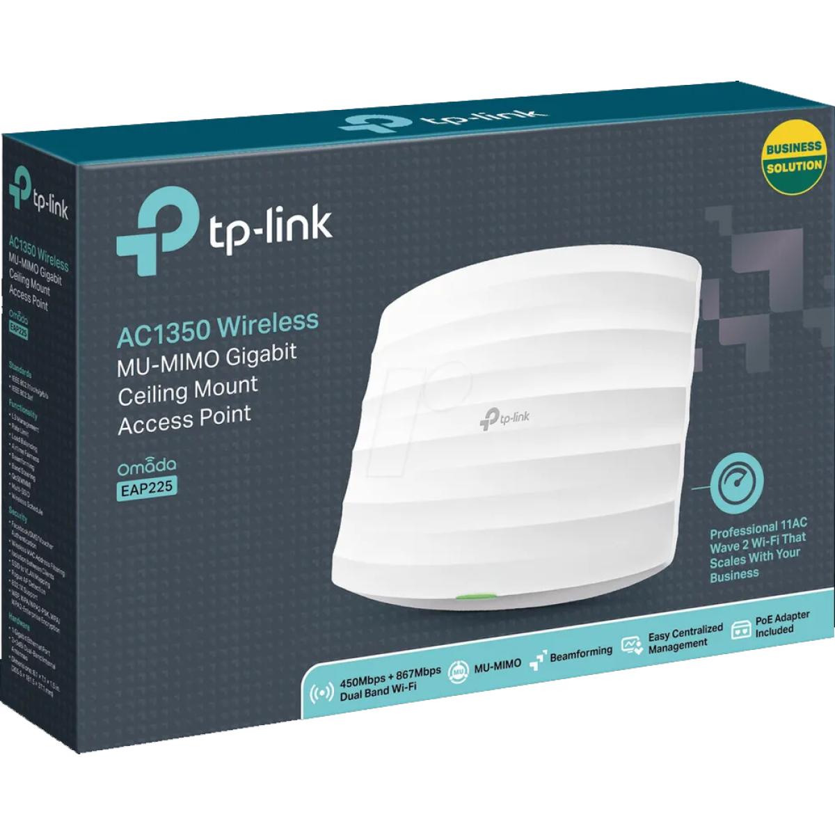 Tp Link Omada Eap225 Ac1350 Wireless Ceiling Mount Access Point Seamless Roaming Gigabit Mu Mimo Poe Powered W/ Poe Injeor - CompuMe