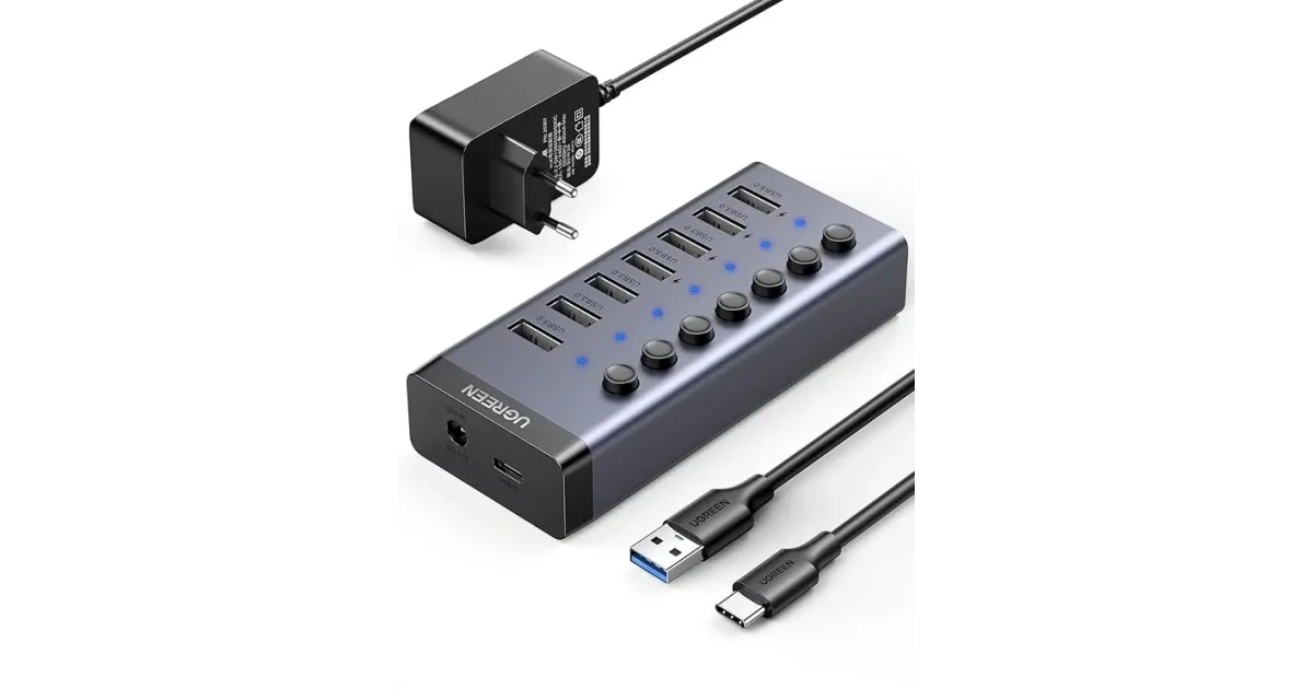 UGREEN Powered USB 3.0 Hub 7-Port with 4 Smart Charging Ports & Individual On/Off Switches