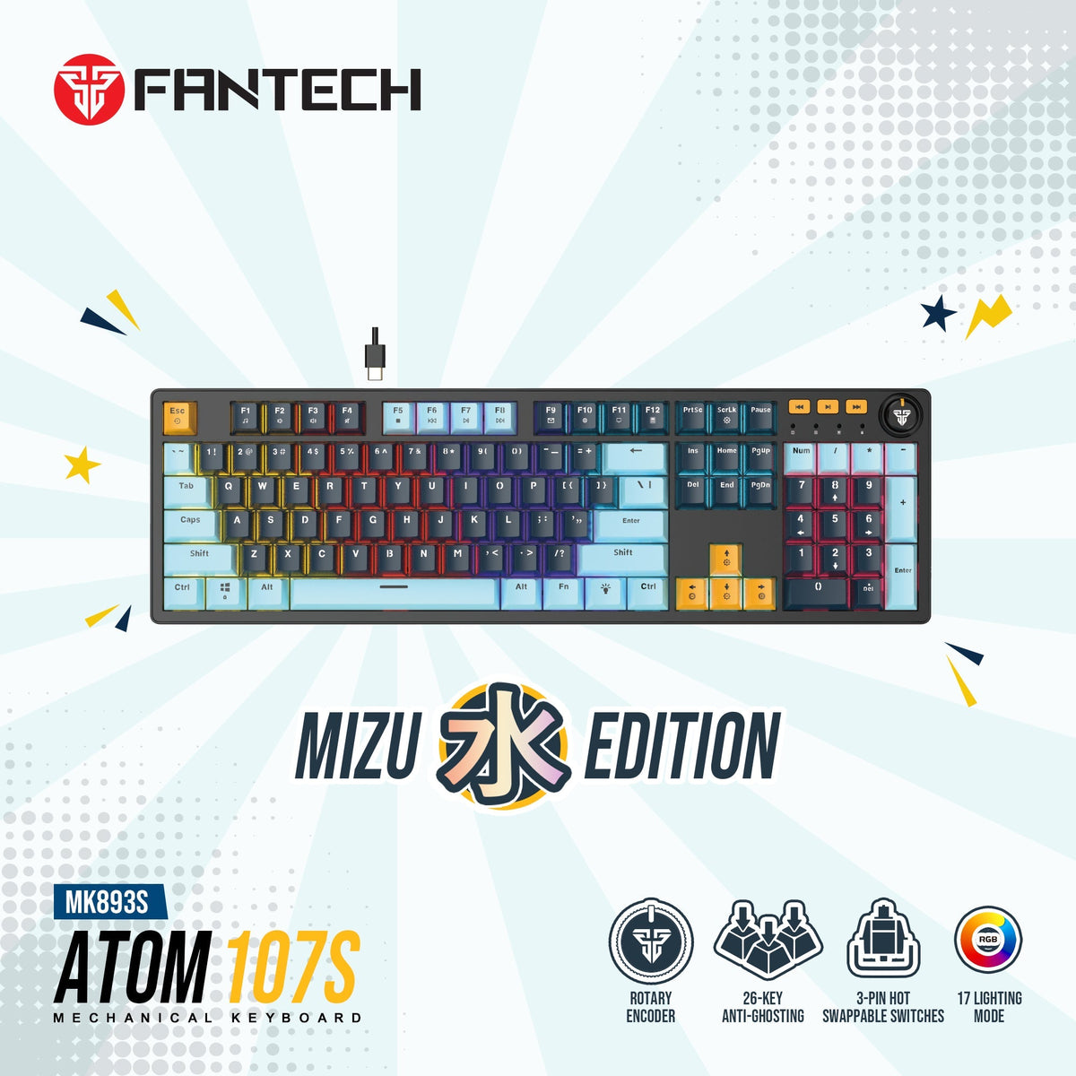 Fantech Atom107s Mk893s Mechanical Gaming Keyboard Mizu Edition Navy Blue