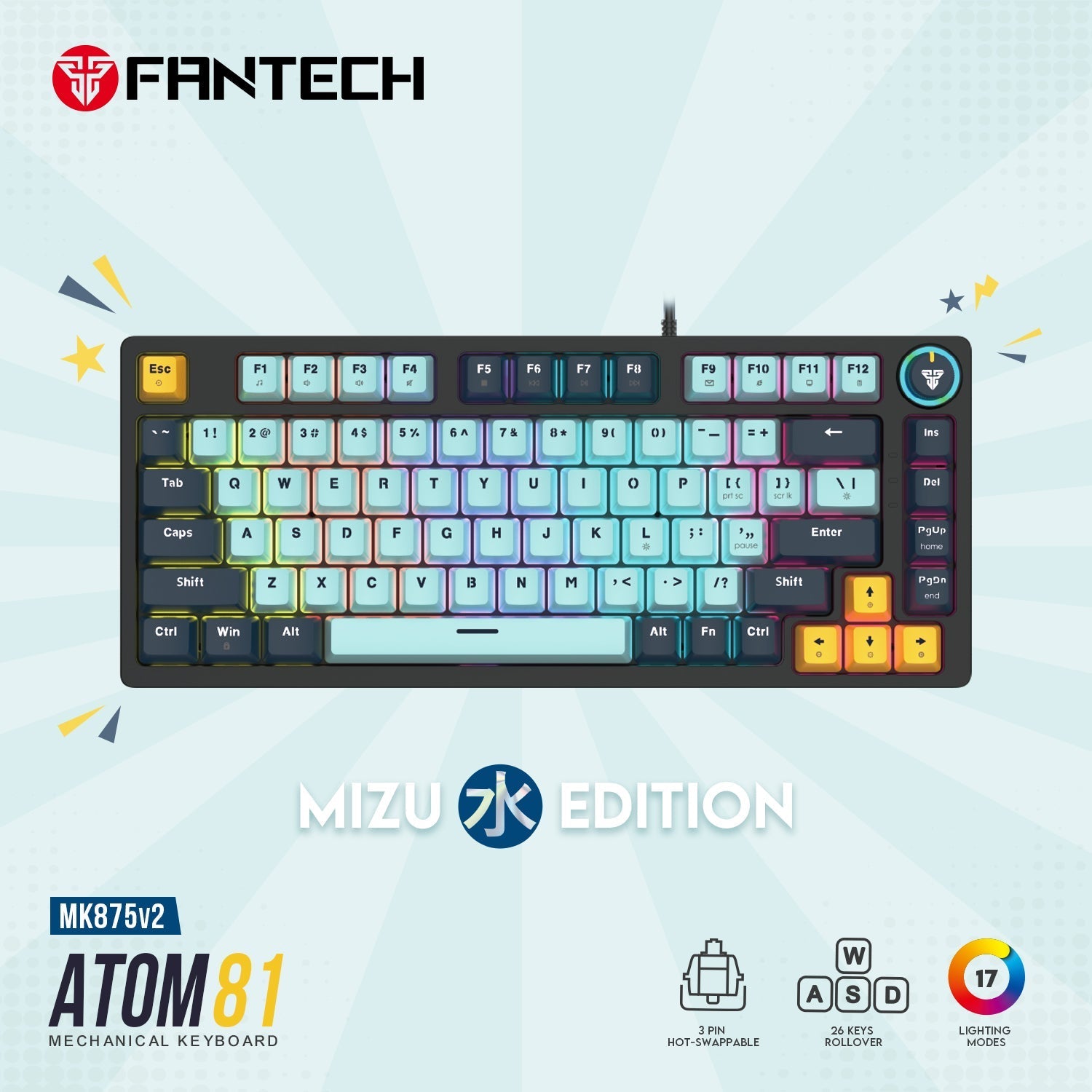Fantech Mk875v2 Atom 81 Rgb Mechanical Gaming Keyboard Mizu Edition Sky Blue