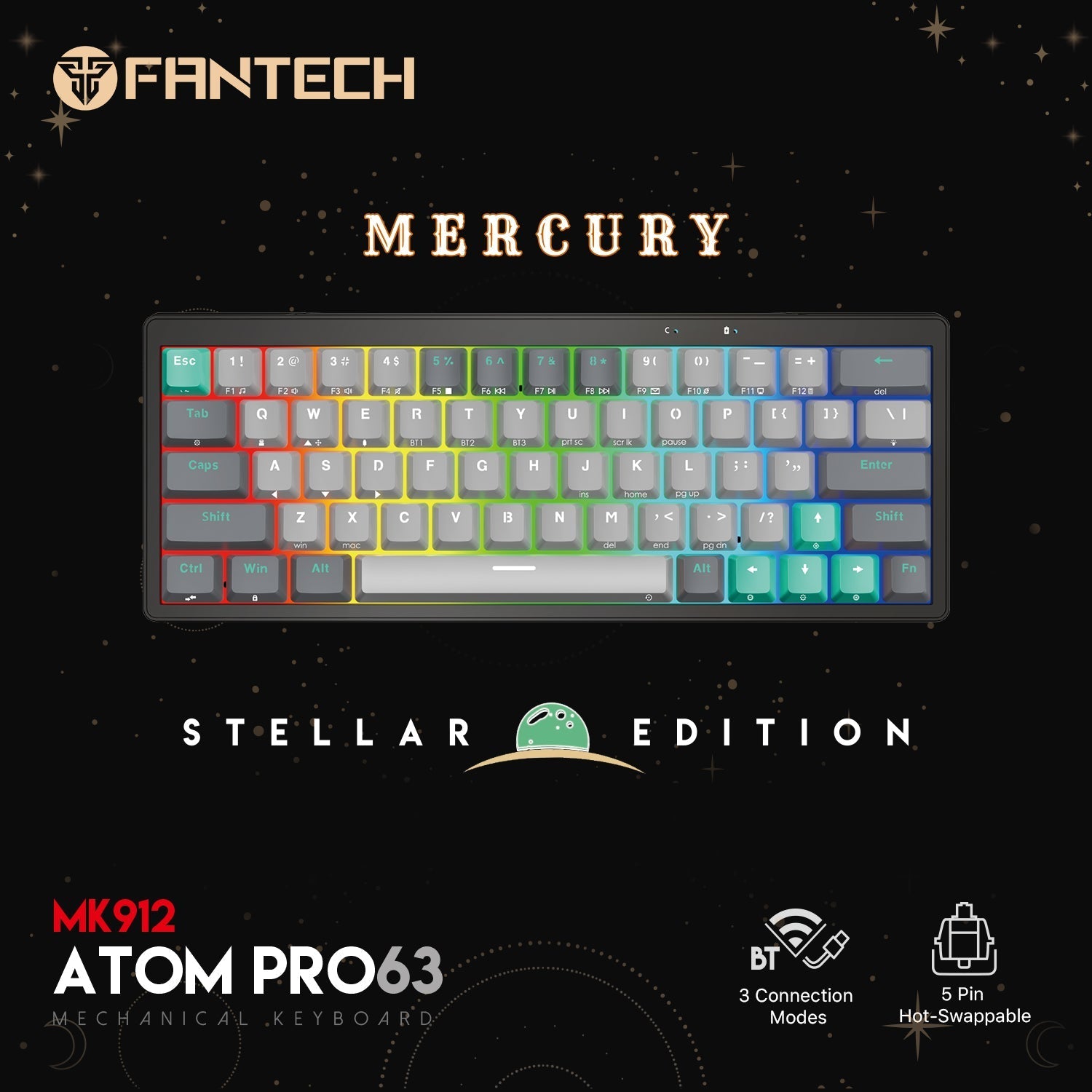 Fantech Mk912 Atom Pro63 Rgb Bluetooth, Wireless Gaming Keyboard Mercury