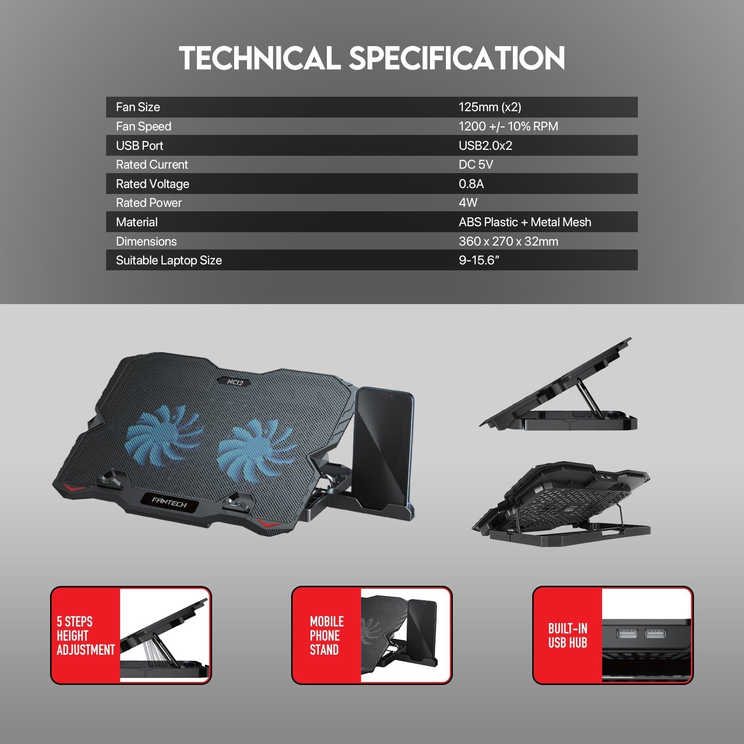 Fantech Notebook Cooler NC12 Two Fan Suitable for 9 - 15.6 Inch Laptop