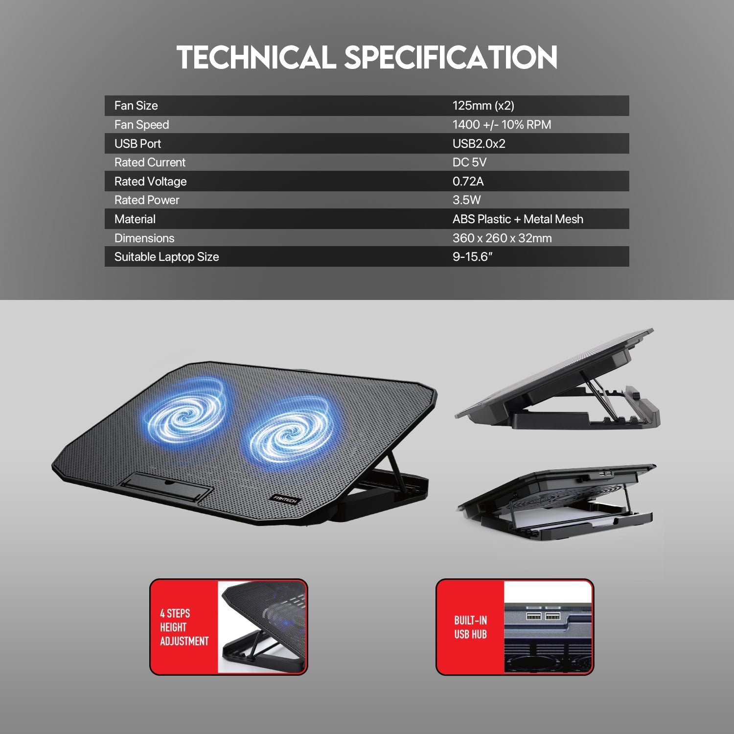 Fantech Notebook Cooler NC13 Two Fan Suitable for 9 - 15.6 Inch Laptop