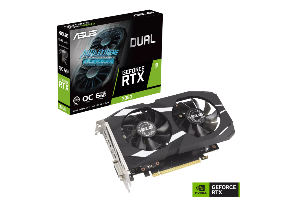 ASUS Dual GeForce RTX 3050 OC Edition Graphics Card – 6GB GDDR6, Ampere Architecture, Ray Tracing, DLSS, Dual‑Fan Cooling, IP5X Dust Resistance