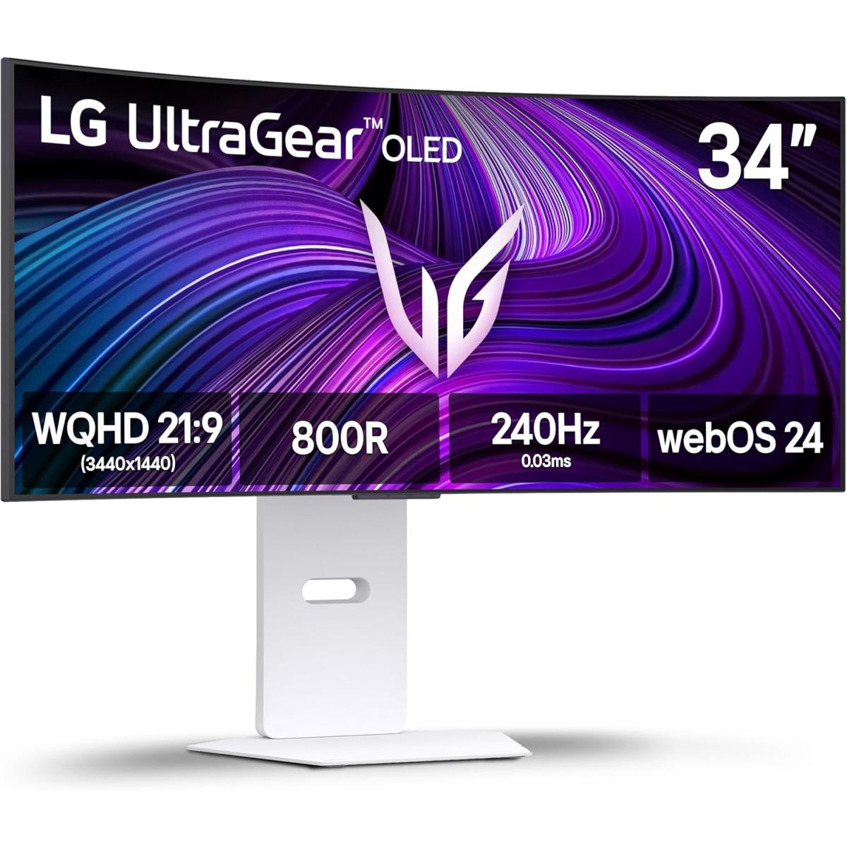 LG 34GX90SA UltraGear™ Smart 34” OLED Curved 800R 2K HDR10 240Hz 0.03ms True Black 400 webOS24 AI Picture & Sound G-SYNC Compatible HDMI 2.1 & USB C Adjustable Stand - White