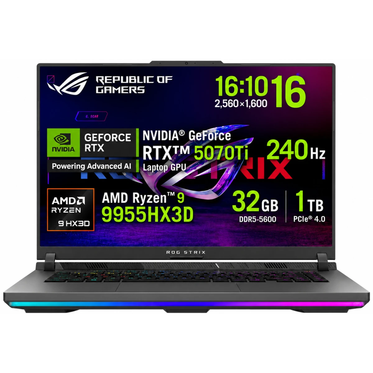 ASUS ROG Strix G16 (2025) G614FR 9Gen AMD Ryzen™ 9 9955HX3D 16-Cores w/ Nvidia RTX 5070 TI 12GB DDR7 & 16" IPS 2.5K 240Hz Display - Volt Green