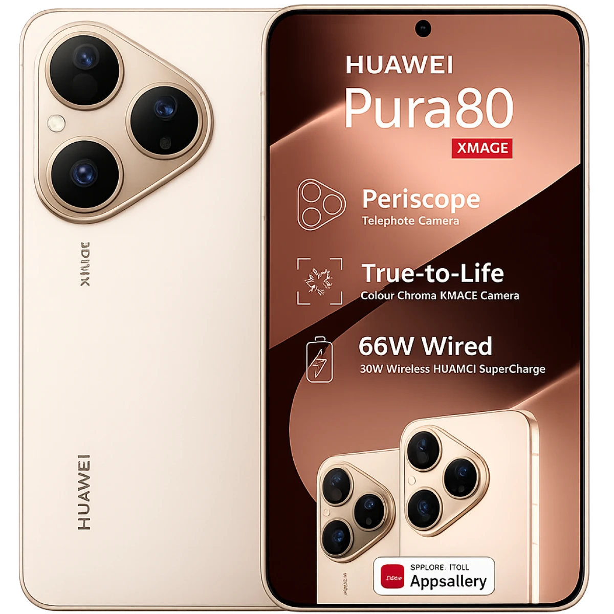 HUAWEI Pura 80 – 120Hz LTPO OLED Display, 50MP OIS Triple Camera, 12GB RAM, 256GB Storage, 5170mAh Battery , Frosted Gold