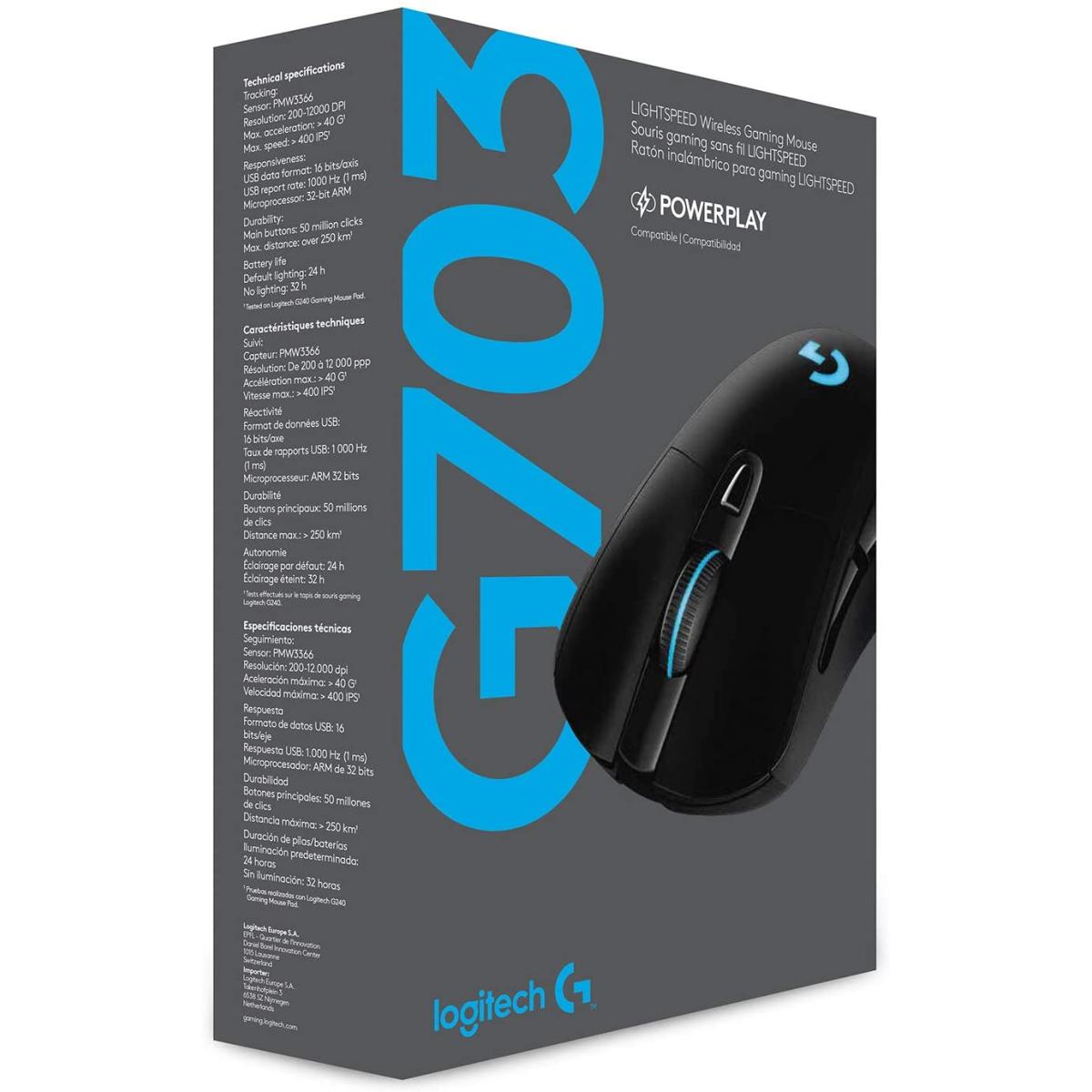 Logitech New G703 Lightspeed Wireless W/ Hero 25k Sensor Lightsync Rgb Lightweight 95g+10g Optional Rubber Side Grips Black