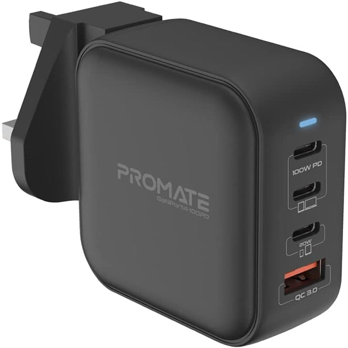 Promate Ganport4 100pd Usb C Charger 100w Gan Technology Fast Dual Type C Charger W/ 20w Usb C Port 18w Qc 3.0 Port