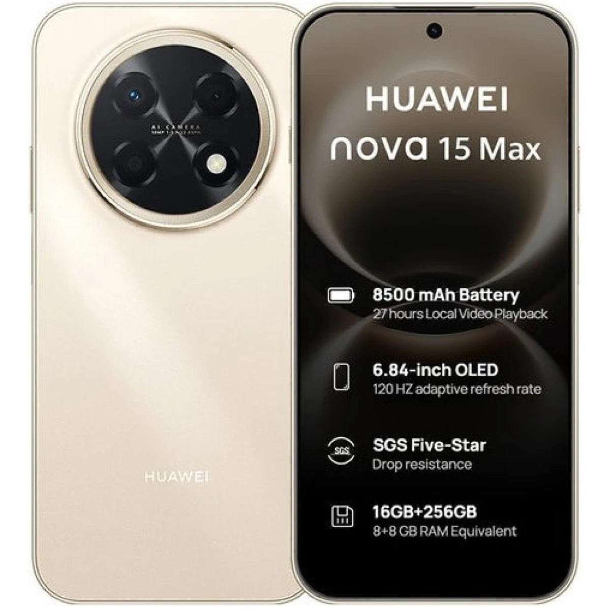 Huawei Nova 15 Max Dual SIM – 120Hz OLED Display, 50MP Ultra Sensing Rear Camera, 8GB RAM, 256GB Storage, 8500mAh Battery , Blush Gold
