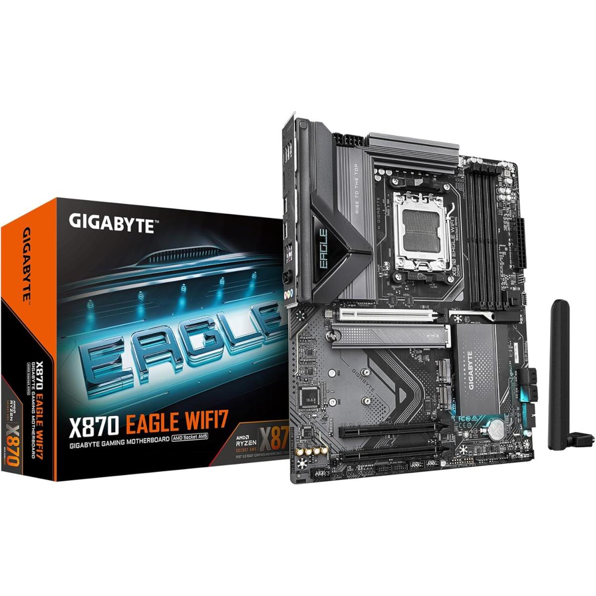GIGABYTE X870 EAGLE WIFI 7 AMD Socket AM5, Dual Channel DDR5, AMD X870 Chipset, DDR5 Up to 256GB Memory, EZ-Latch Plus, 3 x M.2 Slots