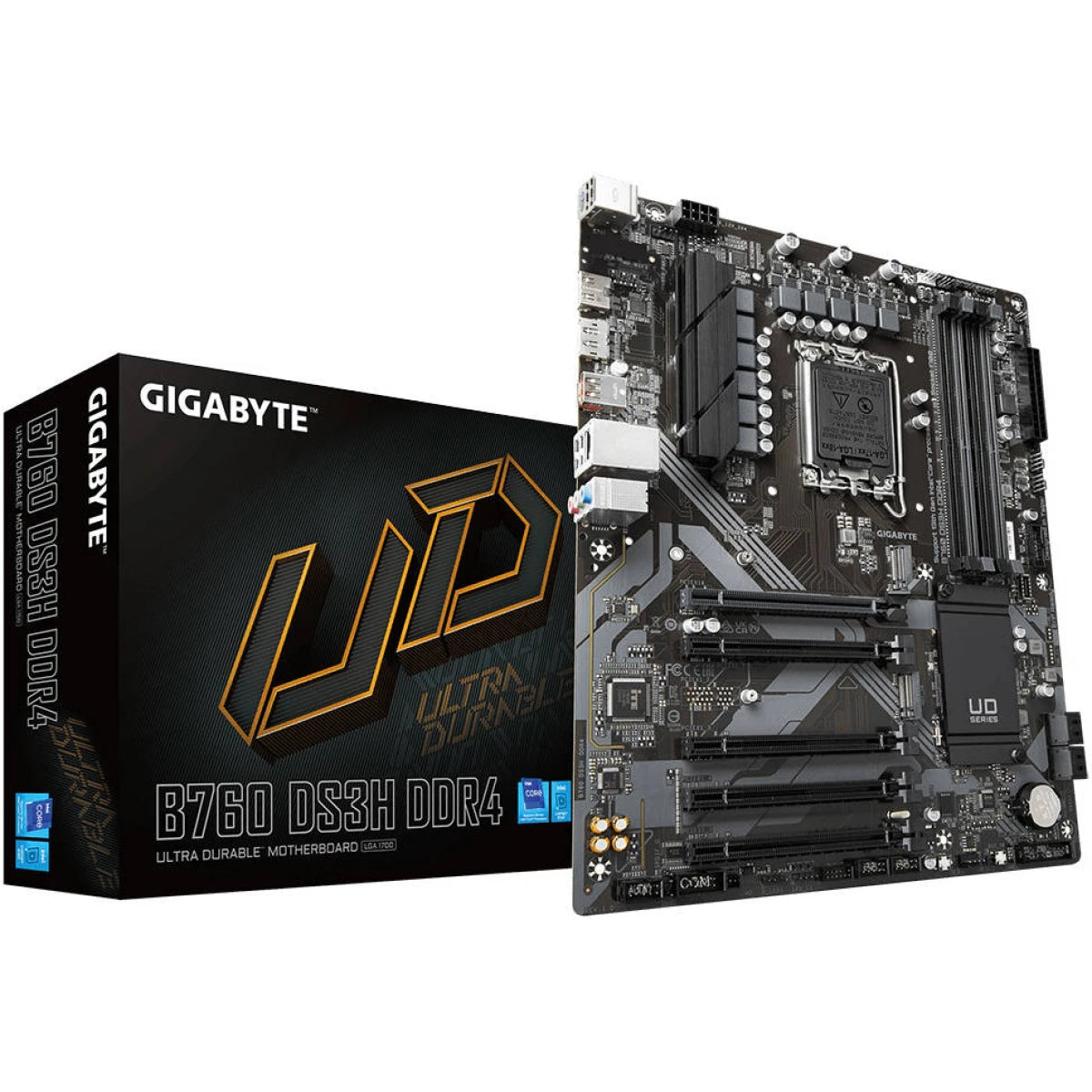 GIGABYTE B760 DS3H DDR4 LGA1700 ATX Motherboard, Intel B760 Chipset, 4 x DDR4 DIMM, Up to 128GB Max Memory Support, 1x PCI Express x16, 1x HDMI, 1x DisplayPort, USB-C / USB 3.2