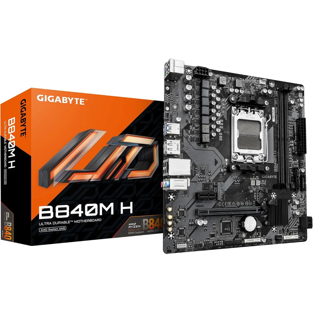 GIGABYTE B840M H M-ATX AM5 Motherboard, AMD B840 Chipset, 2x DDR5 DIMM Slots, 128GB Max Memory, 1 x PCIe 4.0 x16 slot, 1 x PCIe 4.0 M.2 Slot