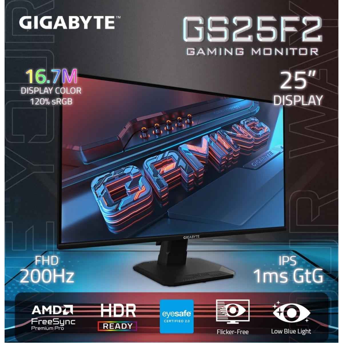 Gigabyte Gs25f2 25" Super Speed Ips Full Hd 1ms 200hz 120% Srgb Hdr 10 Amd Freesync W/ 2x Hdmi & 1x Dp Interface & Speakers Black