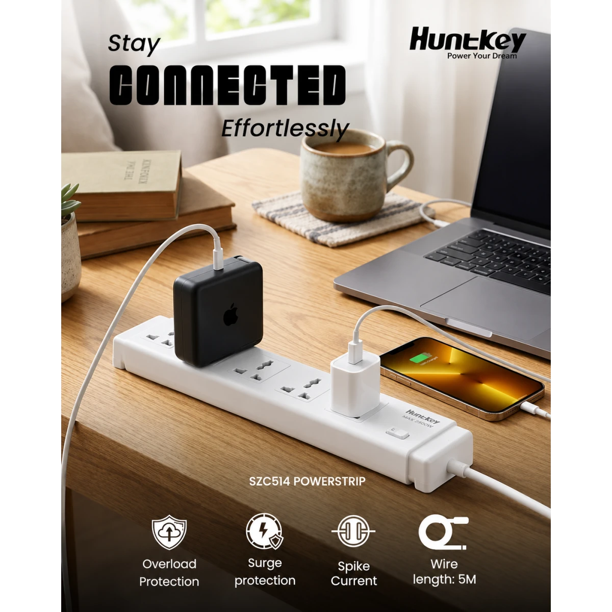 Huntkey SZC514 Universal Power Strip 5 AC Outlets 2500W with 5 m Cable