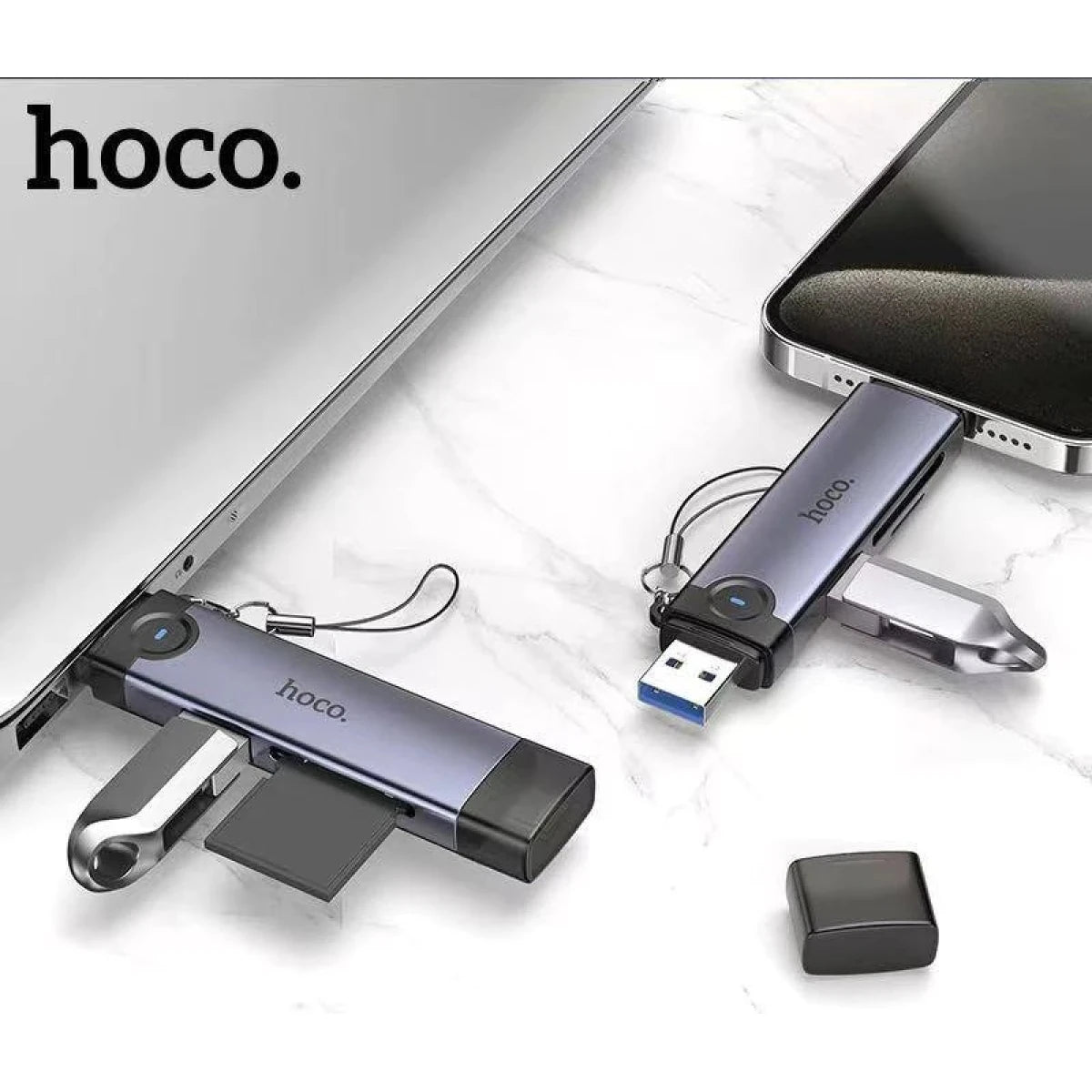 HOCO HB56A Victory 3-in-1 USB-A/iP Card Reader SD/TF 3.0 + USB 2.0 Metal Grey