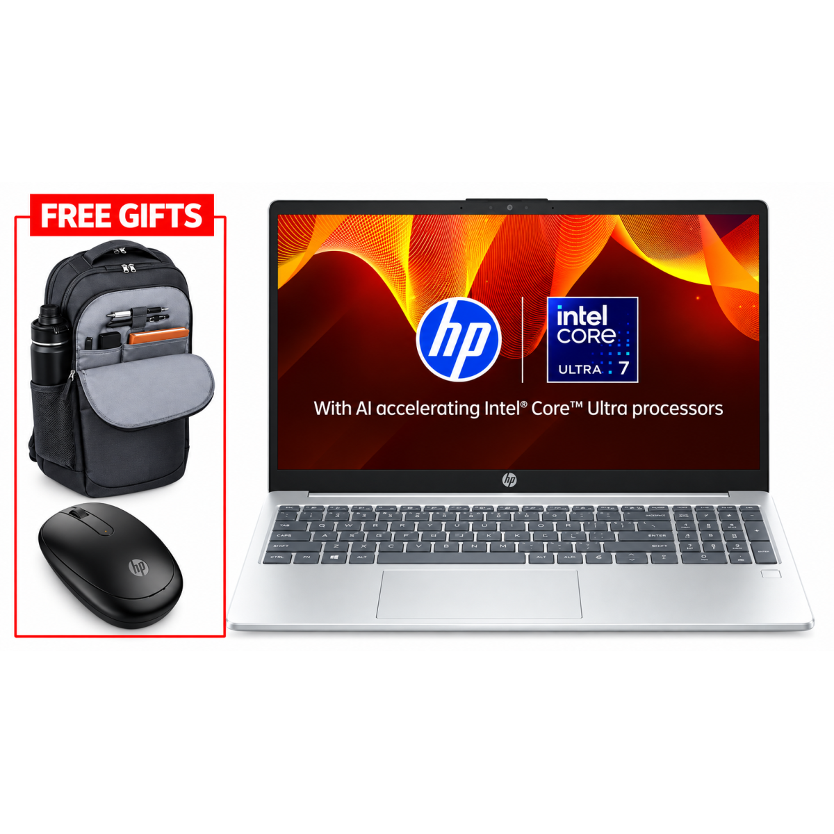 HP Laptop 15-fd1062ne (2025) Intel Core Ultra 7 155H 16-Cores w/ High-Performance Processor & Backlit Keyboard & Bundle ((HP BackPack + HP Bleutooth Mouse)) - Natural silver