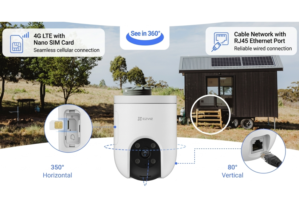EZVIZ H8c 4G Outdoor Pan & Tilt Security Camera, 2K Resolution, Cellular LTE, Night Vision, CS-H8c-R200-1K3KFL4GA, 360-Degree Visual Coverage, Smart AI Human Detection, Auto-Tracking, Weatherproof Housing