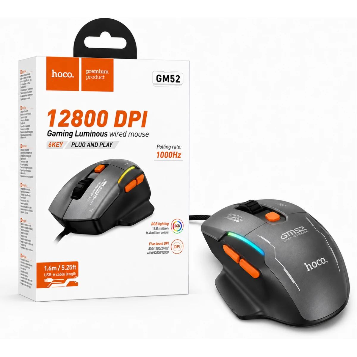HOCO GM52 Gaming Wired Mouse 12800 DPI 1000Hz 6-Button Black/Orange