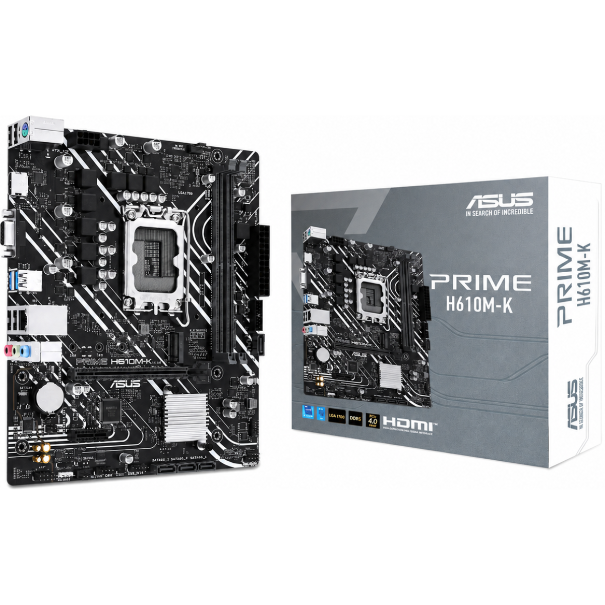 ASUS Prime H610M-K DDR5 Micro-ATX LGA 1700 Motherboard, Intel H610 Chipset, 2x DIMM DDR5 Slots, 96GB Max Memory, 1x M.2 Slot, 1x PCIe 4.0 x16 Slot, Realtek 1Gb Ethernet
