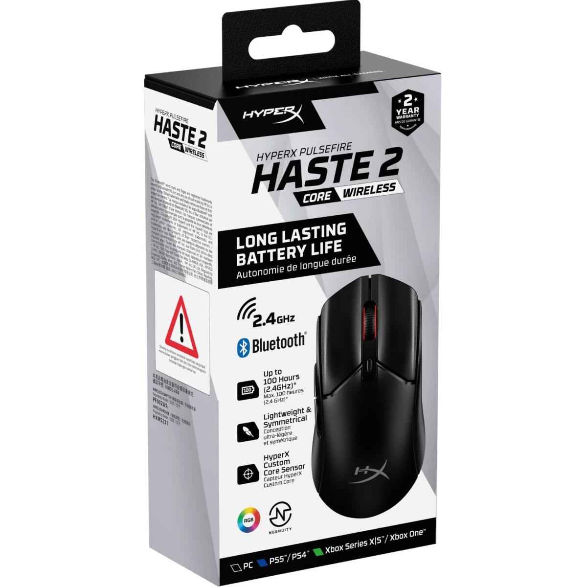 Hyperx Pulsefire Haste 2 Core Wireless & Bluetooth Lightweight 59g Long Battery Life Up To 100 Hours Long Battery Life Custom Core Sensor Black