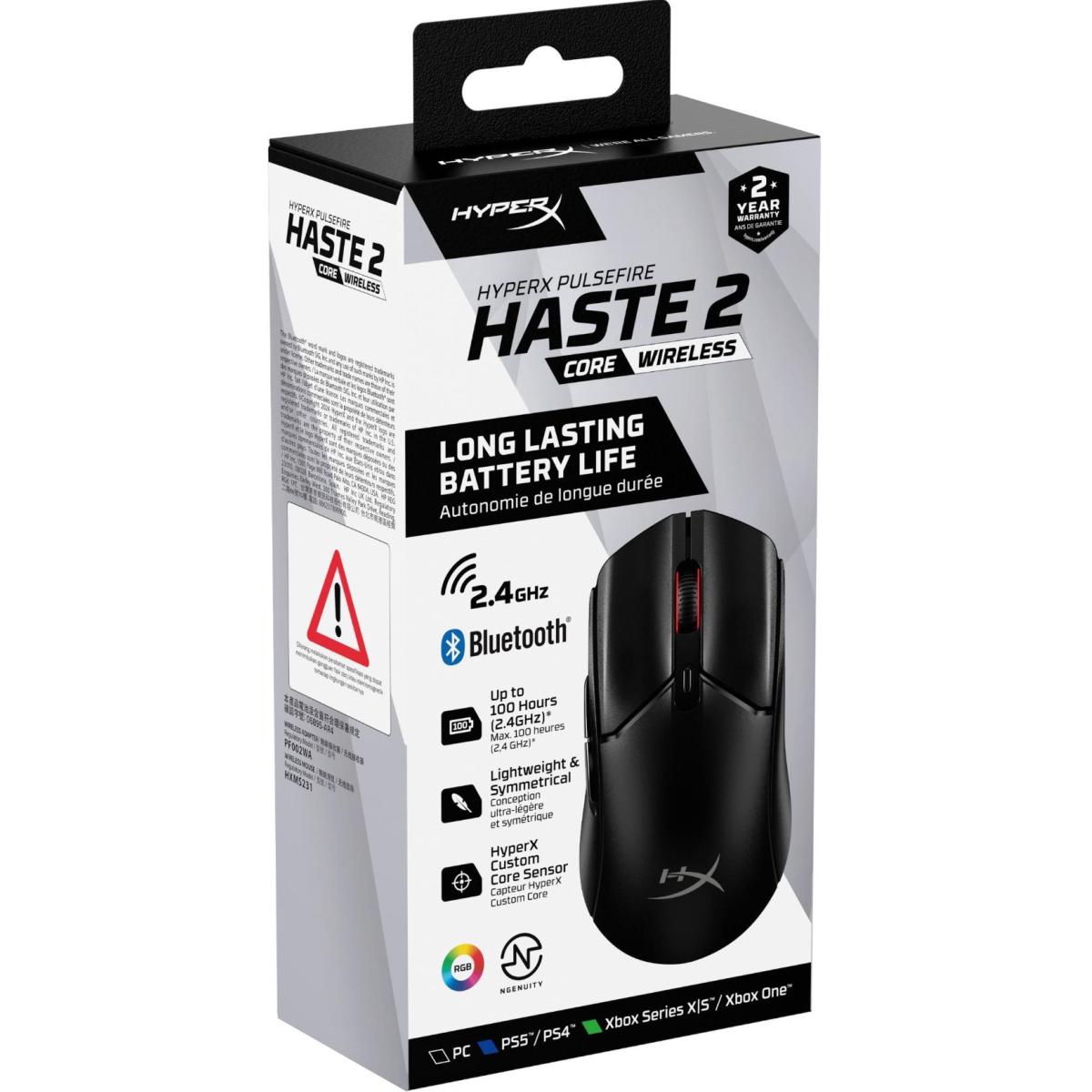 HyperX Pulsefire Haste 2 Core Wireless & Bluetooth Lightweight 59G Long Battery Life Up to 100 hours Long Battery Life Custom Core Sensor - Black