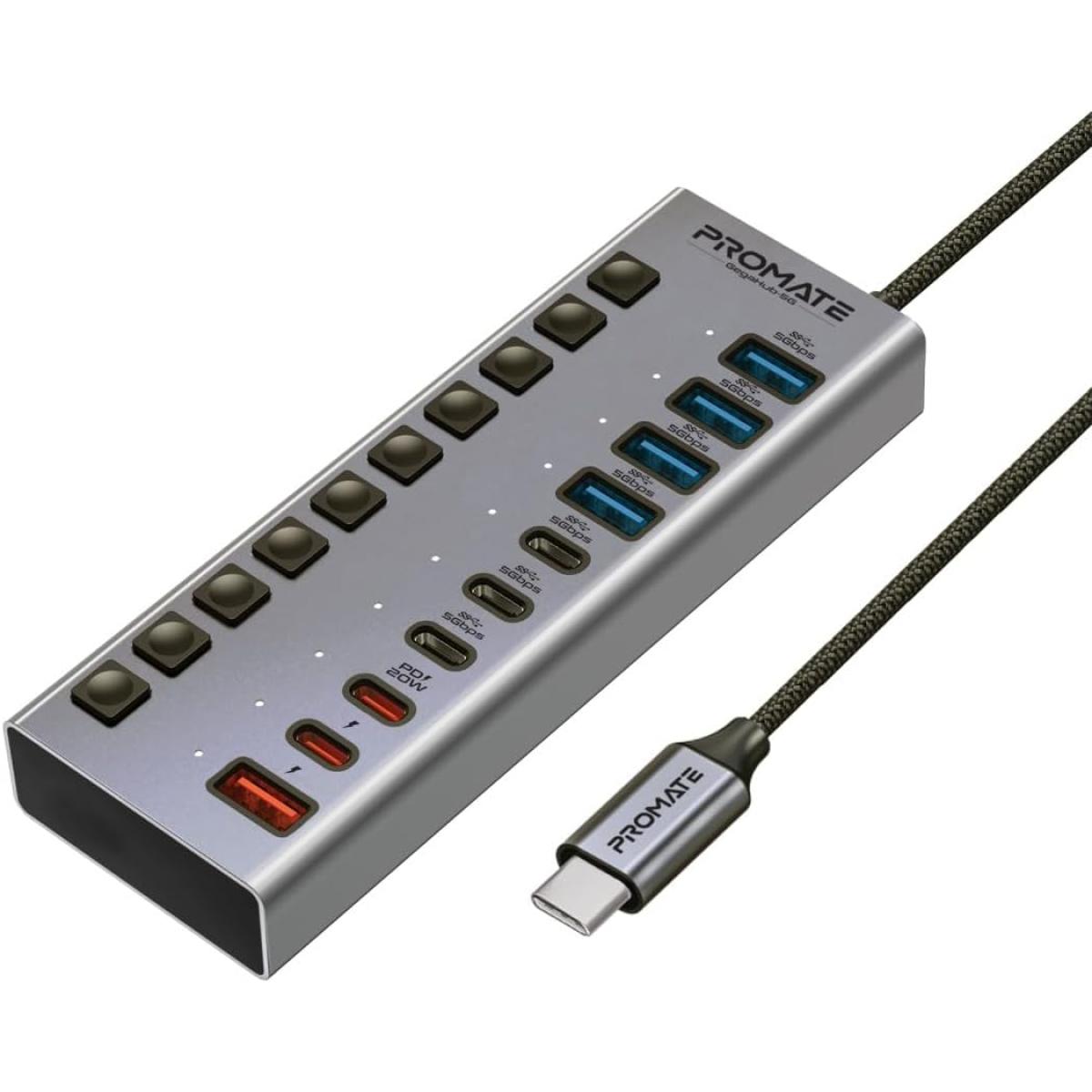 Promate Gegahub 5g 10 In 1 Usb C Multiport Hub, 3 Usb C And 4 Usb A Ports With 5gbps Data Transfer, Fast Charging Usb C And Usb A Ports, 20w Usb C Pd Port With Individual Power Switches And Plug & Play