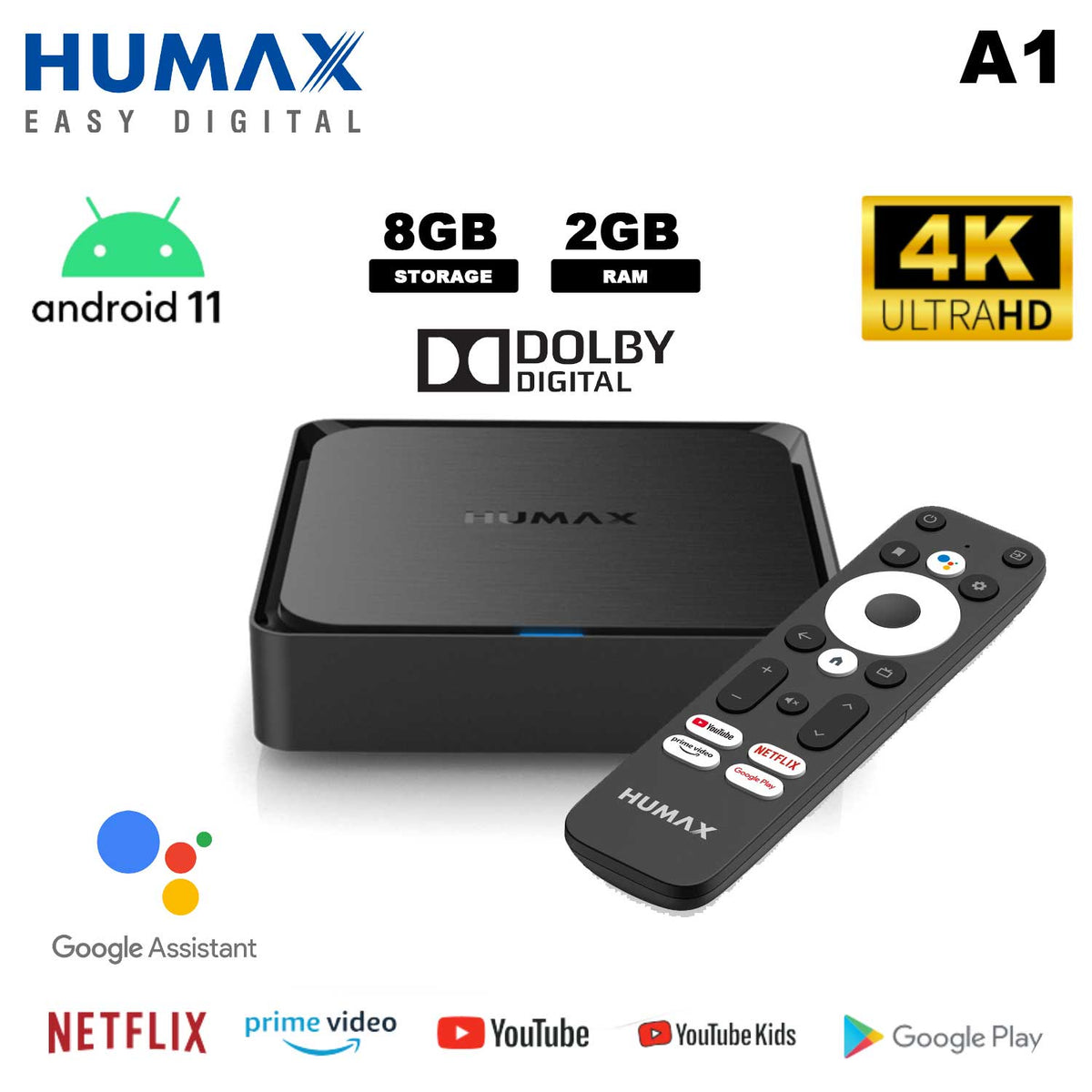 Android Box 4K Ultra HD, Android 11, Quad Core 2, 8GB + 2GB Ram, Google - HUMAX Android TV Box /A1