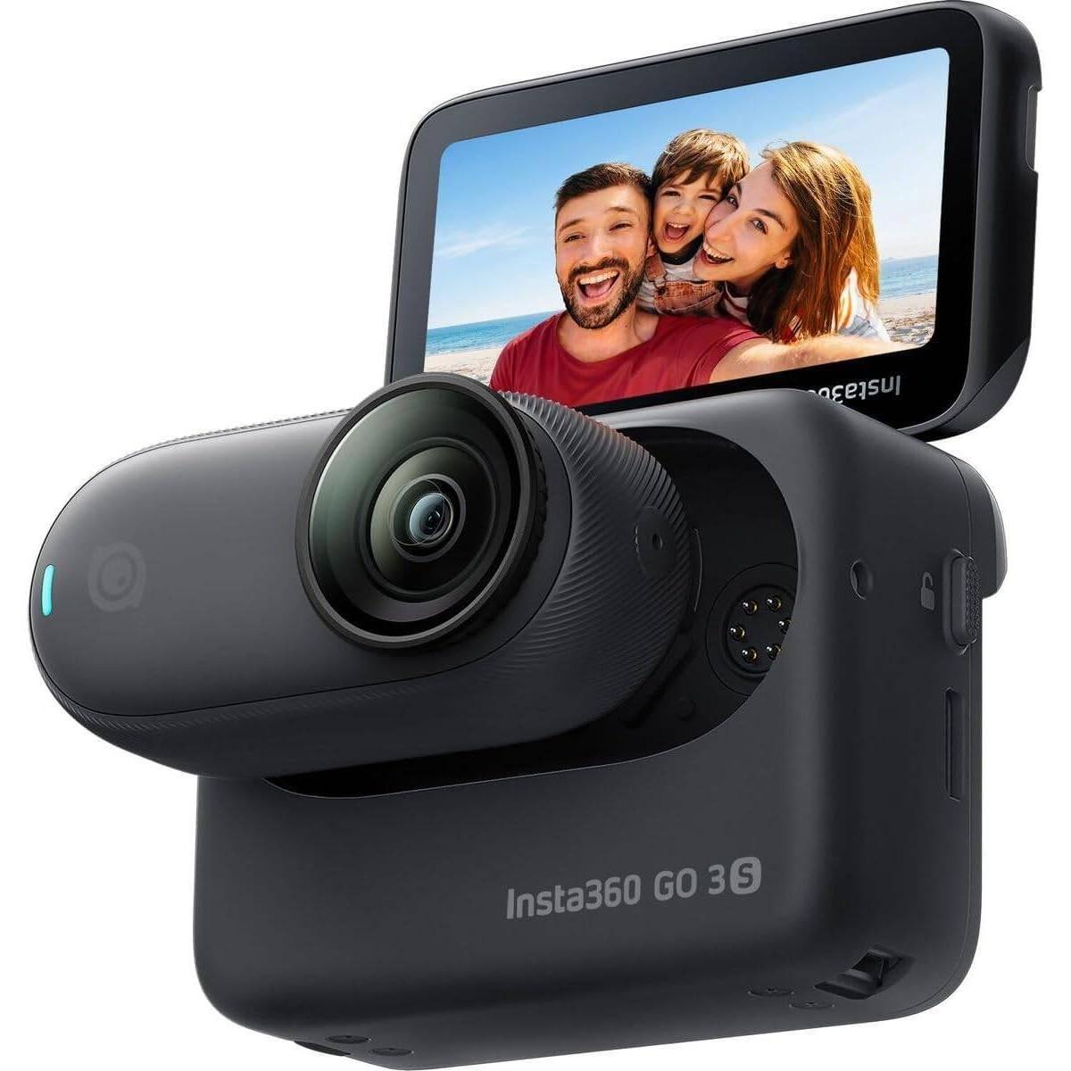 Insta360 GO 3s Camera, Up to 4K Video Resolution, 120Mbps Max Video Bitrate, 128GB Storage, Action Pod, Auto Stabilization, with Apple FindMy, Magnet Pendant, Clip, Midnight , Black