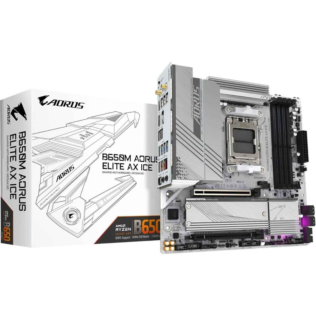 Gigabyte B650m Aorus Elite Ax Ice Micro Atx Am5 Motherboard, Amd B650 Chipset, 4x Ddr5 Dimm Slots, Up To 256gb Max Memory, 1x Pcie 4.0 X16 Slot, 2x M.2 Slots, White