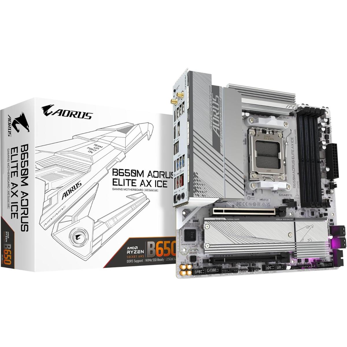 Gigabyte B650m Aorus Elite Ax Ice Micro Atx Am5 Motherboard, Amd B650 Chipset, 4x Ddr5 Dimm Slots, Up To 256gb Max Memory, 1x Pcie 4.0 X16 Slot, 2x M.2 Slots, White