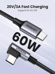 UGREEN 50125 USB-C CABLE RIGHT ANGLE 90 DEGREE 60W 3A DATA CABLE – 2M