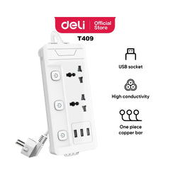 Deli ET409 Power Strip - 2 inputs + 3 USB ports , 2M
