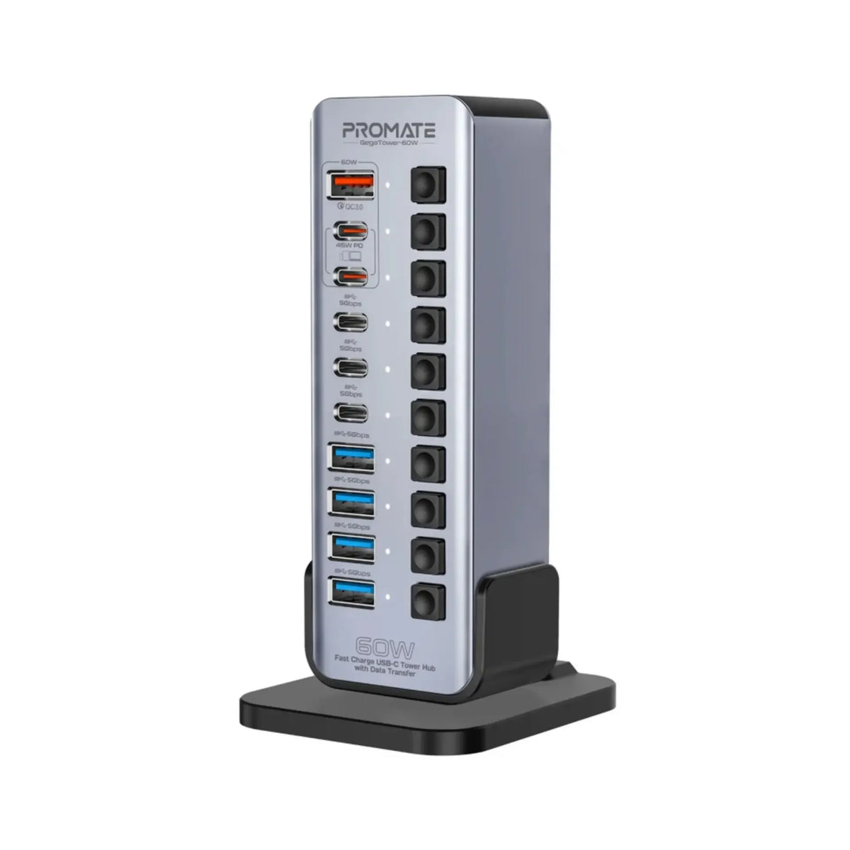 Promate GegaTower-60W, Fast Charge Multi-Port USB-C Tower Hub with 5Gbps Data Transfer