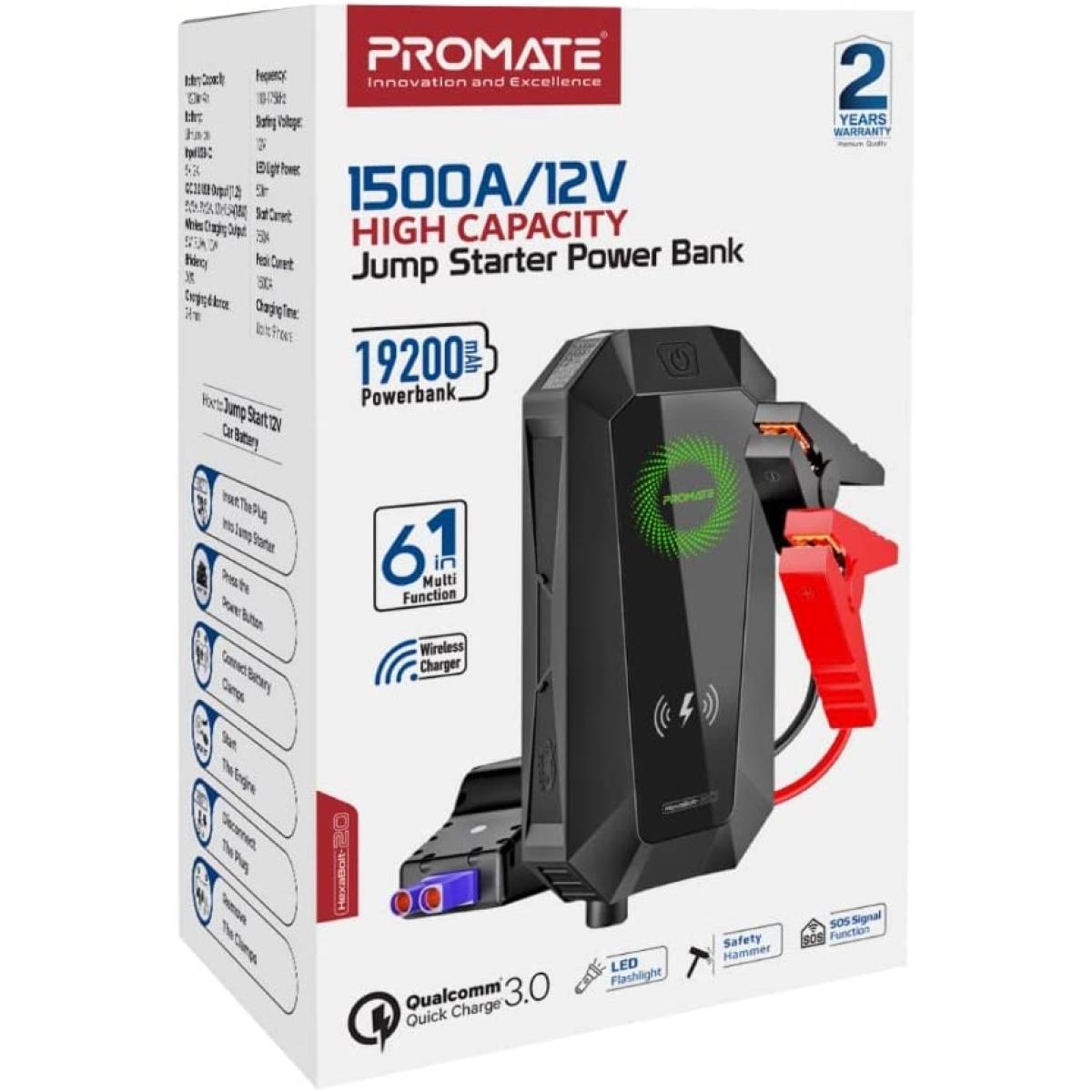 Promate Hexabolt 20 1500A/12V Car Jump Starter w/ 19200Mah Power Bank 10W Qi Charger Dual Qc 3.0 Ports - Black