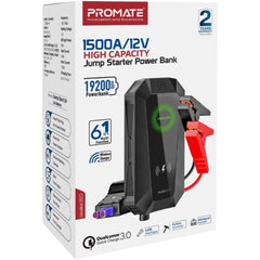 Promate Hexabolt 20 1500A/12V Car Jump Starter w/ 19200Mah Power Bank 10W Qi Charger Dual Qc 3.0 Ports - Black