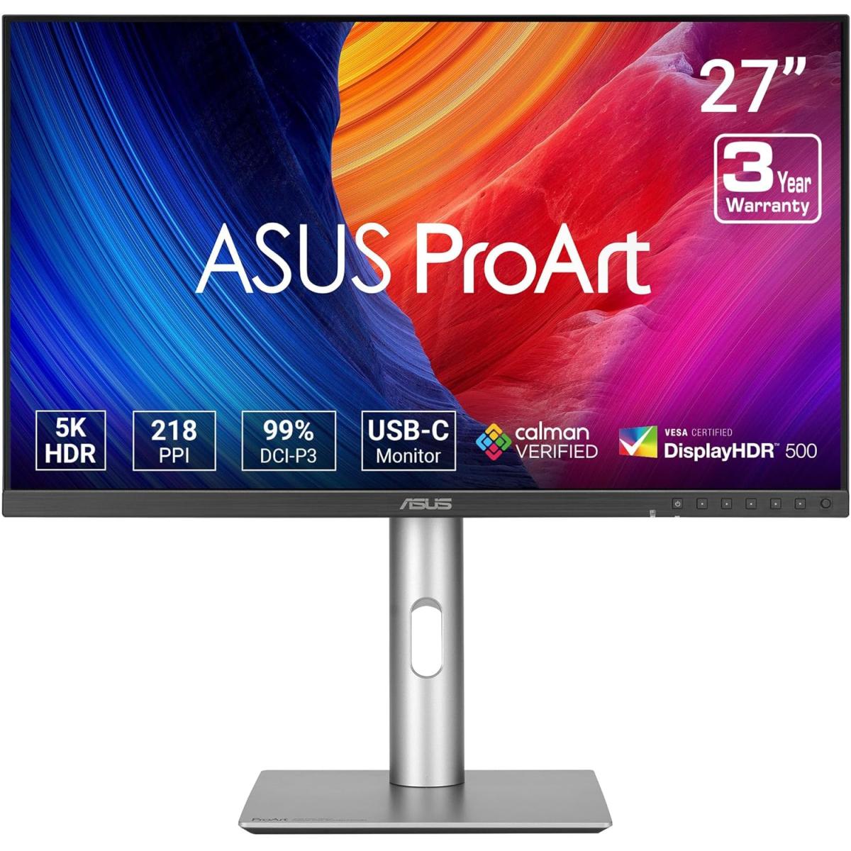 ASUS ProArt PA27JCV 27” 5K HDR Professional Monitor 5K (5120 x 2880), IPS, 99% DCI-P3, 100% sRGB, ΔE < 2, USB-C PD 96W, Calman Verified, Color Accurate, Auto KVM, LuxPixel & Speakers