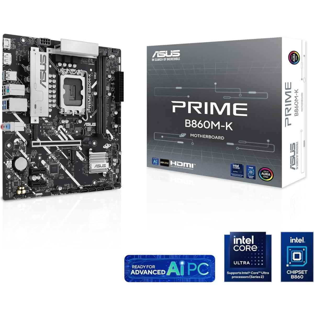 Asus Prime B860m K Lga 1851 Micro Atx Motherboard Lga 1851 Micro Atx Motherboard, Intel B860 Chipset, 2x Dimm Ddr5 Slots, Up To 128gb Max Memory, 1x Pcie 4.0 X16 Slot, 2x M.2 Slots