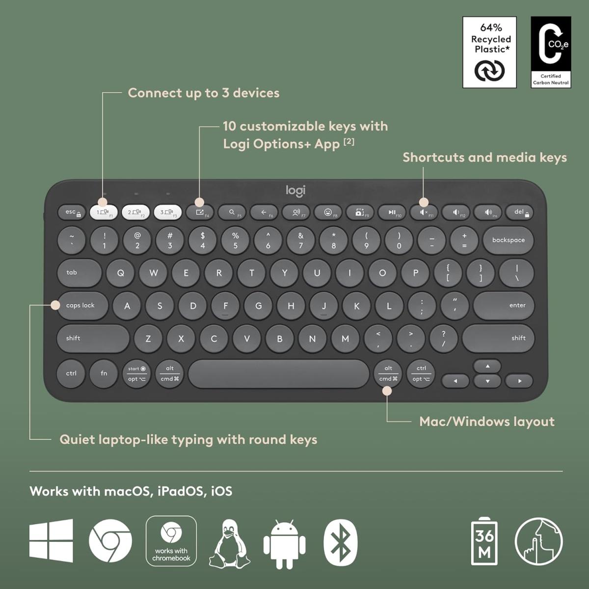 Logitech Pebble Keys 2 K380s Multi Device Bluetooth Customizable Shortcuts Slim & Portable For Windows, Macos & Android Arabic / English Logitech Pebble Keys 2 K380s Multi Device Bluetooth Customizable Shortcuts Slim & Portable For Windows, Macos & Android Arabic / English