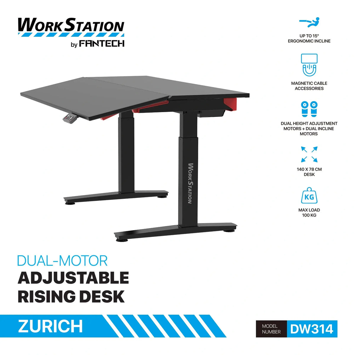 Fantech DW314 WORKSTATION ZURICH Electric Sit-Stand Tilt Height Adjustable Rising Magnetic Desk