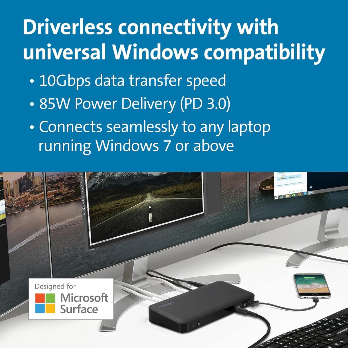 Kensington Sd4845p Microsoft Surface 9 In 1 Usb C 10gbps Support 3 Monitors Docking Station With 85w Power Delivery Black - CompuMe